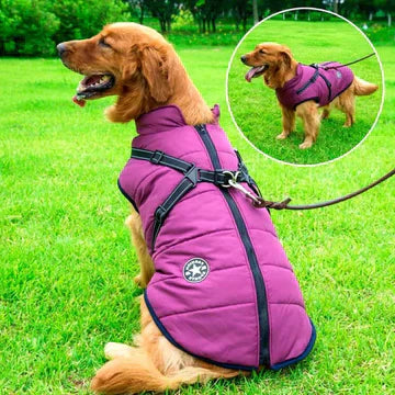 Waterproof Winter Dog Jacket - Sherpa-Fleece Lined - Built-in Harness