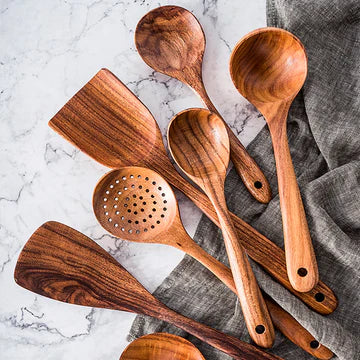 Premium Natural Teak Wood Kitchen Utensils – Eco-Friendly, Non-Toxic Cooking Spoons, Cookware for Home Everyday Use